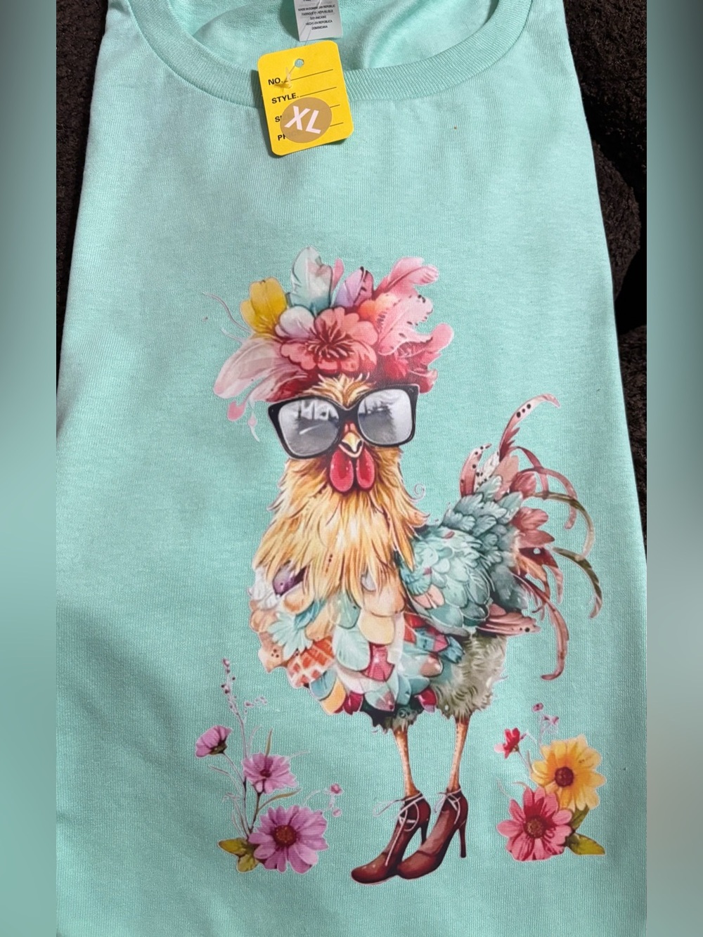 NEW Aqua Graphic Rooster Tee with Floral Accents-XL